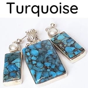 Turquoise Pendant and Earring Sterling Pressed Turquoise Set (3)